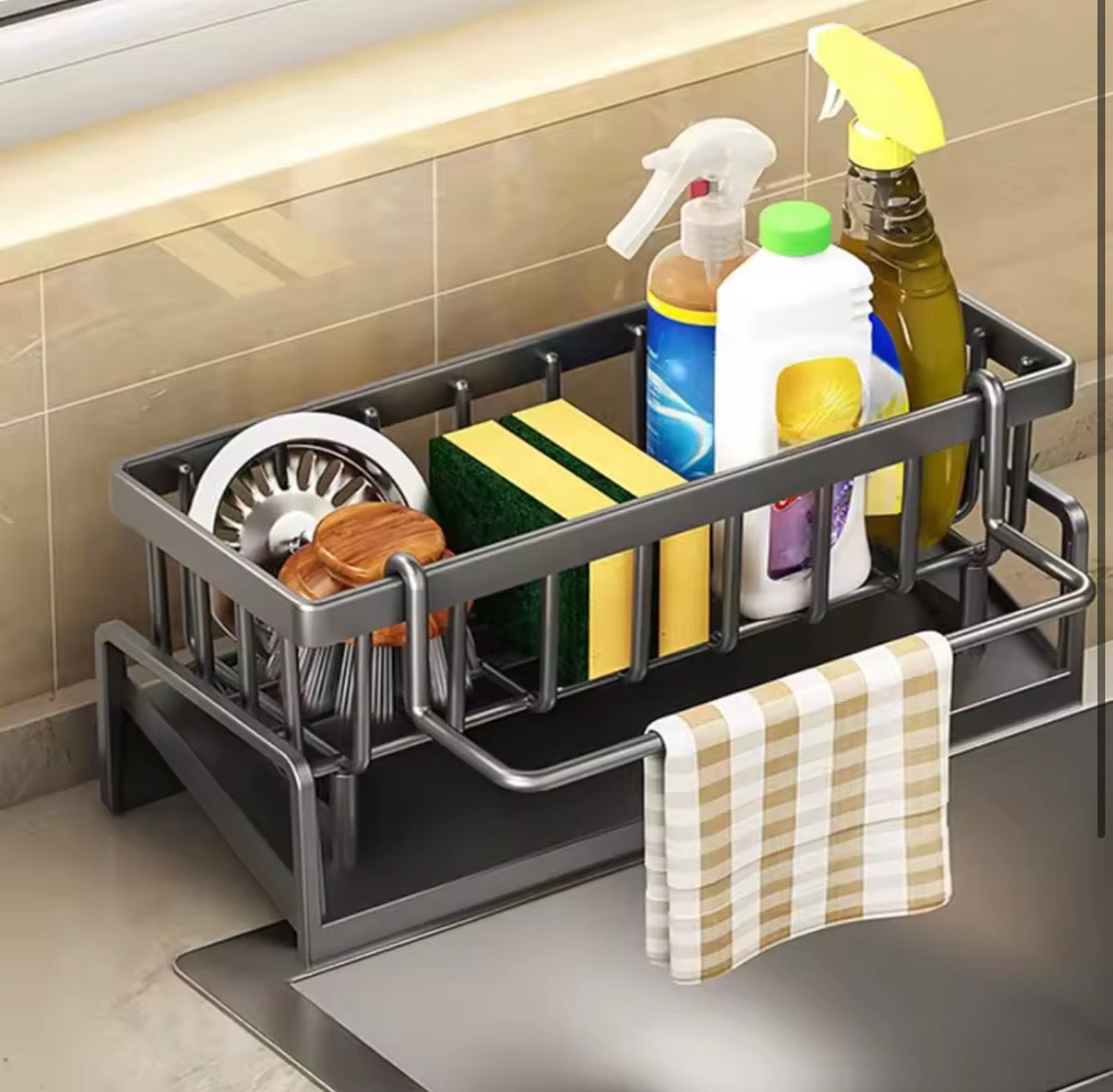 Kitchen Sink Organizer Carbon Steel with Tilted Water Tray