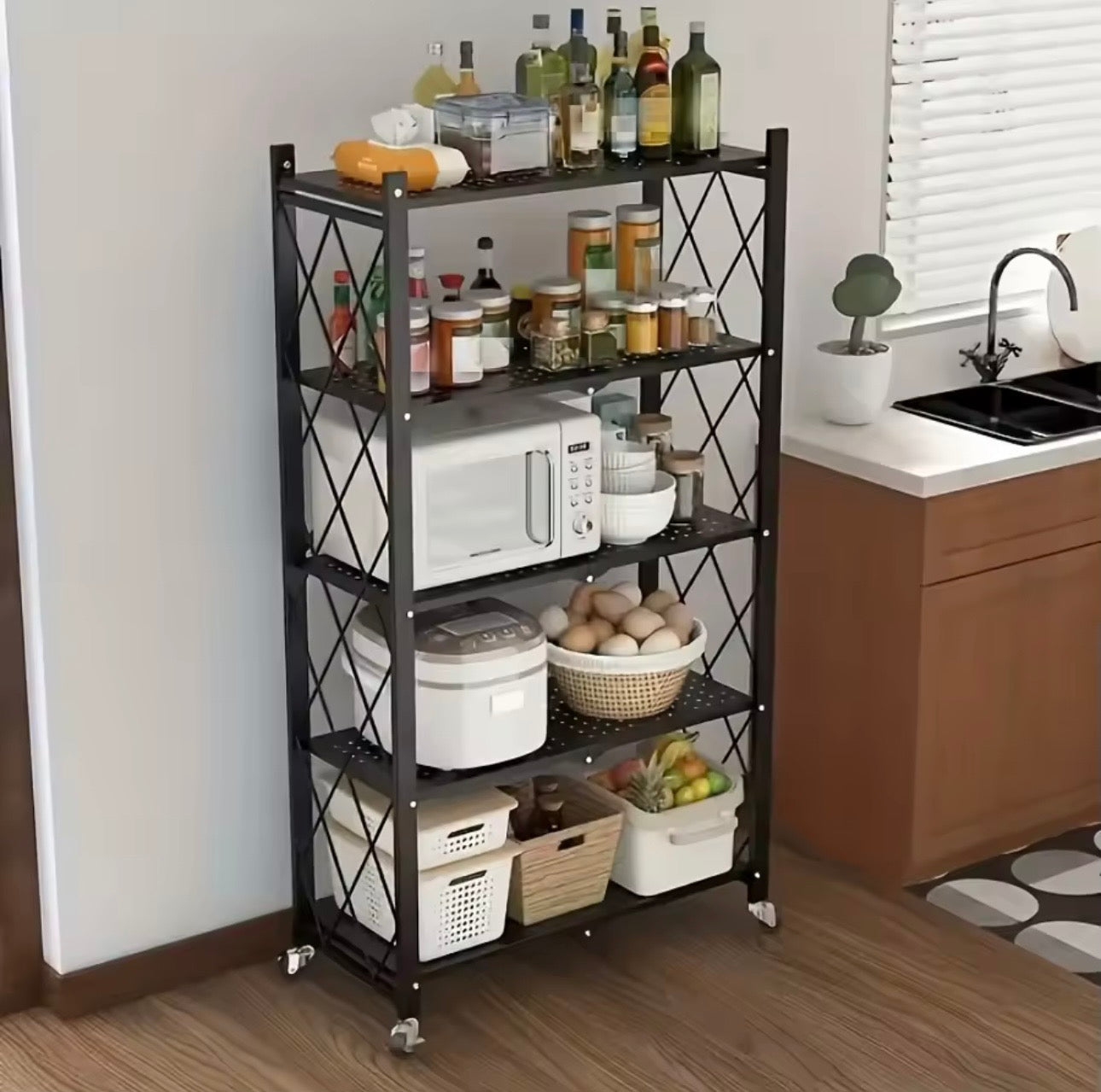 3/4/5-layer Heavy-duty Foldable Metal Storage Rack With Wheels For Movable Organization