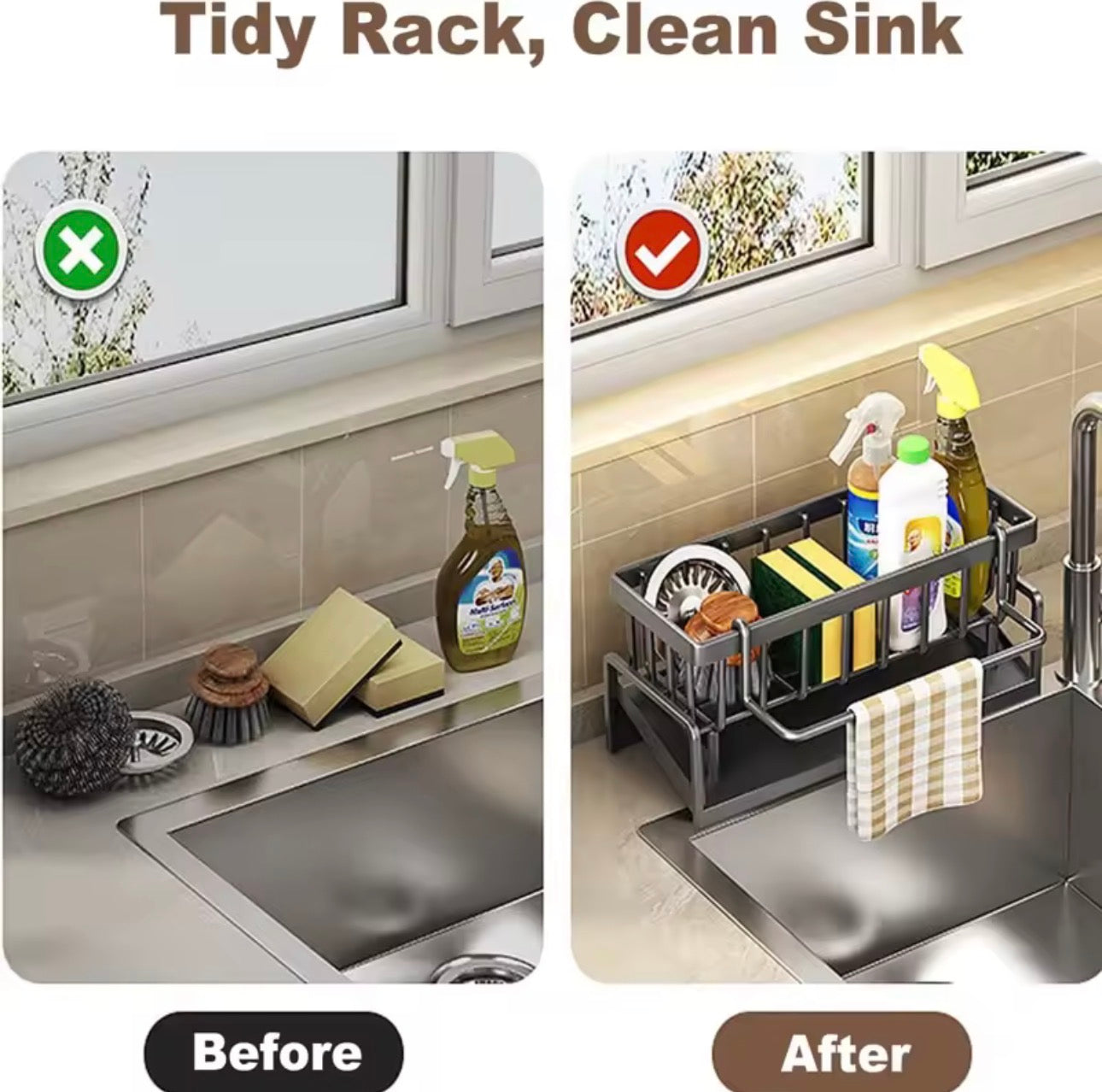Kitchen Sink Organizer Carbon Steel with Tilted Water Tray